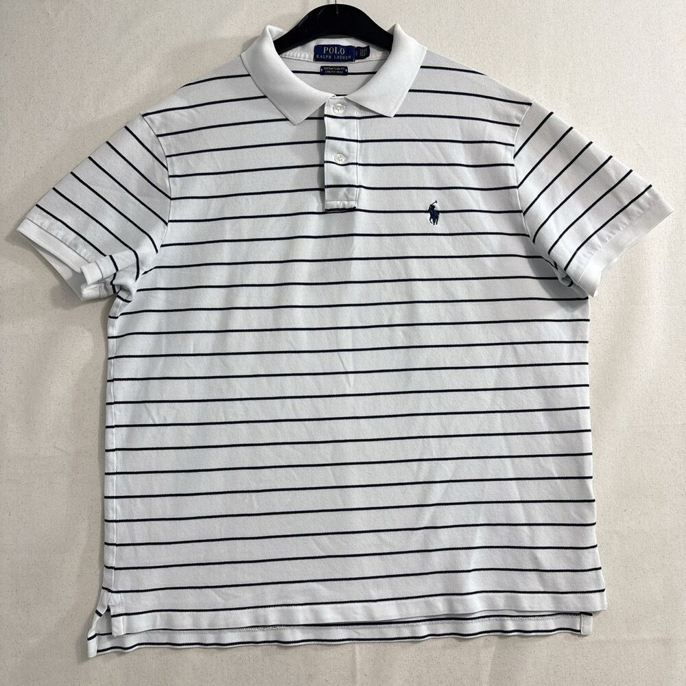 Polo Ralph Lauren Polo Shirt Mens L Custom Slim Fit Stretch Mesh Striped White